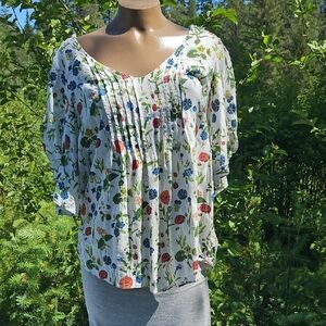 Maeve Red and Blue Pleated 3/4 Sleeve Blouse